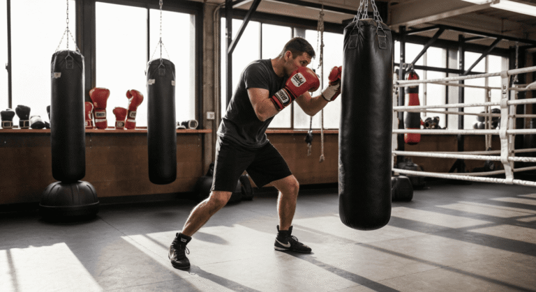mężczyzna poprawnie trzyma gardę w trakcie treningu bokserskiego