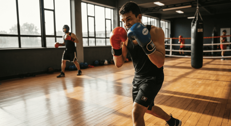 mężczyzna trenuje boks z aparatem ortodontycznym